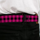 BD Wings Logo CLOSE-UP Full Color Black Silver Seatbelt Belt - Buffalo Plaid Black/Fuchsia Webbing