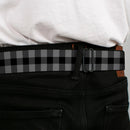 BD Wings Logo CLOSE-UP Full Color Black Silver Seatbelt Belt - Buffalo Plaid Black/Gray Webbing