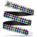 BD Wings Logo CLOSE-UP Full Color Black Silver Seatbelt Belt - Buffalo Plaid White/Multi Color Webbing