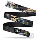 BD Wings Logo CLOSE-UP Full Color Black Silver Seatbelt Belt - Dead Men Tell No Tales Gray Webbing
