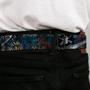 BD Wings Logo CLOSE-UP Full Color Black Silver Seatbelt Belt - Dead Men Tell No Tales CLOSE-UP Turquoise Webbing