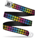 BD Wings Logo CLOSE-UP Full Color Black Silver Seatbelt Belt - Houndstooth Black/Rainbow Webbing