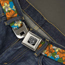 BD Wings Logo CLOSE-UP Full Color Black Silver Seatbelt Belt - Hibiscus Collage Blue/Orange/Yellow Webbing