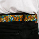 BD Wings Logo CLOSE-UP Full Color Black Silver Seatbelt Belt - Hibiscus Collage Blue/Orange/Yellow Webbing