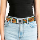 BD Wings Logo CLOSE-UP Full Color Black Silver Seatbelt Belt - Hibiscus Collage Blue/Orange/Yellow Webbing