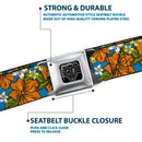 BD Wings Logo CLOSE-UP Full Color Black Silver Seatbelt Belt - Hibiscus Collage Blue/Orange/Yellow Webbing