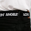 BD Wings Logo CLOSE-UP Full Color Black Silver Seatbelt Belt - LOS F*CKIN' ANGELES Heart Black/White/Red Webbing