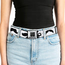 BD Wings Logo CLOSE-UP Full Color Black Silver Seatbelt Belt - Mustaches Straight White/Black Webbing