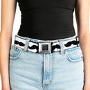 BD Wings Logo CLOSE-UP Full Color Black Silver Seatbelt Belt - Mustache Trio White/Black Webbing