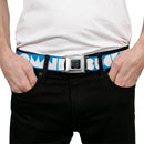 BD Wings Logo CLOSE-UP Full Color Black Silver Seatbelt Belt - BUCKLE-DOWN Shapes Turquoise/White Webbing
