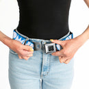 BD Wings Logo CLOSE-UP Full Color Black Silver Seatbelt Belt - BUCKLE-DOWN Shapes Turquoise/White Webbing