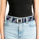 BD Wings Logo CLOSE-UP Full Color Black Silver Seatbelt Belt - Plaid X2 Navy/White/Orange Webbing