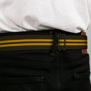 BD Wings Logo CLOSE-UP Full Color Black Silver Seatbelt Belt - Stripe Black/Gold Webbing