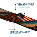 BD Wings Logo CLOSE-UP Full Color Black Silver Seatbelt Belt - Surfboard Cali Scenes/US Flag Stacked Brown Webbing