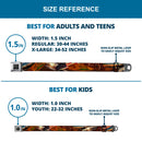 BD Wings Logo CLOSE-UP Full Color Black Silver Seatbelt Belt - Surfboard Cali Scenes/US Flag Stacked Brown Webbing