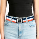 BD Wings Logo CLOSE-UP Full Color Black Silver Seatbelt Belt - Stripe Navy/White/Orange Webbing