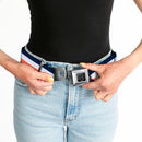 BD Wings Logo CLOSE-UP Full Color Black Silver Seatbelt Belt - Stripe Navy/White/Orange Webbing