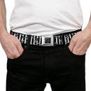 BD Wings Logo CLOSE-UP Full Color Black Silver Seatbelt Belt - Cherries Scattered/Vertical Stripe White/Black/Grays Webbing