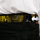 Batman Black Silver Seatbelt Belt - BATMAN w/Bat Signals & Flying Bats Yellow/Black/White Webbing