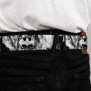 Batman Black Silver Seatbelt Belt - Batman Face/Bat Shield Sketch White/Black Webbing