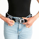 Batman Black Silver Seatbelt Belt - Cloudy Bat Signal Black/White Webbing