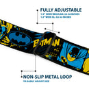 Batman Full Color Black/Yellow Seatbelt Belt - BATMAN Poses and Logo Collage Black/Blue/Yellow Webbing