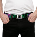 Batman Full Color Black/Yellow Seatbelt Belt - THE JOKER WANTED Smiling Pose and Graffiti Purples/Greens Webbing