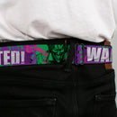 Batman Full Color Black/Yellow Seatbelt Belt - THE JOKER WANTED Smiling Pose and Graffiti Purples/Greens Webbing