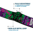Batman Full Color Black/Yellow Seatbelt Belt - THE JOKER WANTED Smiling Pose and Graffiti Purples/Greens Webbing