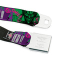 Batman Full Color Black/Yellow Seatbelt Belt - THE JOKER WANTED Smiling Pose and Graffiti Purples/Greens Webbing