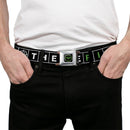 The Batman Movie Batman and Riddler Target Logo Full Color Black/Green Seatbelt Belt - The Batman Movie Crossword Puzzle Black/White/Green Webbing