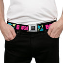 Batman Full Color Black Silver Black Seatbelt Belt - BATGIRL Running w/Stars Black/Pink/Yellow/Blue Webbing
