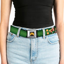 Mera Logo Full Color Black Red Gold Seatbelt Belt - MERA Bombshell Salute Pose/Scales Greens/Gold Webbing