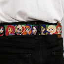 DC SUPERHERO GIRLS Logo Full Color Black Gold Red Blue Seatbelt Belt - DC SUPERHERO GIRLS 9-Character Group Pose Green/Yellow/Pink-Fade Webbing