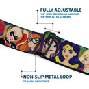 DC SUPERHERO GIRLS Logo Full Color Black Gold Red Blue Seatbelt Belt - DC SUPERHERO GIRLS 9-Character Group Pose Green/Yellow/Pink-Fade Webbing