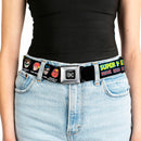 DC Round Logo Black/Silver Seatbelt Belt - DC Originals SUPER HEROES HAVE ISSUES TOO! Faces/Issues Black Webbing