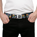 DC Round Logo Black/Silver Seatbelt Belt - DC Comics 3-Superheroine/2-Villain Character Collage Webbing