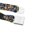 DC Round Logo Black/Silver Seatbelt Belt - DC Comics 3-Superheroine/2-Villain Character Collage Webbing