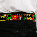 DC Round Logo Black/Silver Seatbelt Belt - Justice League Stacked Logos Webbing