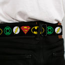 DC Round Logo Black/Silver Seatbelt Belt - Justice League Superhero Logos Webbing