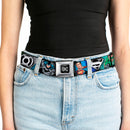 DC Round Logo Black/Silver Seatbelt Belt - Justice League Elite Forces Superheroes Pose/Logos Webbing