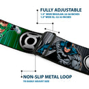 DC Round Logo Black/Silver Seatbelt Belt - Justice League Elite Forces Superheroes Pose/Logos Webbing
