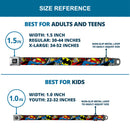 DC Round Logo Black/Silver Seatbelt Belt - Classic Batman/Joker & Superman/Lex Luthor Halftone Black/Blue Webbing