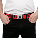 DC BLACK ADAM Title Logo Full Color Black/White Seatbelt Belt - Black Adam JUSTICE SOCIETY Icons and Text Red/Black Webbing