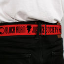 DC BLACK ADAM Title Logo Full Color Black/White Seatbelt Belt - Black Adam JUSTICE SOCIETY Icons and Text Red/Black Webbing