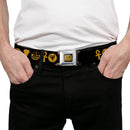 BLACK ADAM Title Logo Full Color Black/Yellows Seatbelt Belt - Black Adam Justice Society Icons Black/Orange Webbing