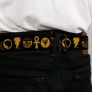BLACK ADAM Title Logo Full Color Black/Yellows Seatbelt Belt - Black Adam Justice Society Icons Black/Orange Webbing