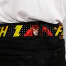 Flash Logo Full Color Black Seatbelt Belt - THE FLASH Running Action Pose/Lightning Bolt Halftone Dots Black/Grays/Yellows Webbing
