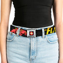 Flash Logo Full Color Black Seatbelt Belt - THE FLASH Running Action Pose/Lightning Bolt Halftone Dots Black/Grays/Yellows Webbing