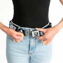 Joker Smiling Full Color Black/Grays/White Seatbelt Belt - THE JOKER Smiling/Wine Glass Poses HA! HA! Black/Grays/White Webbing